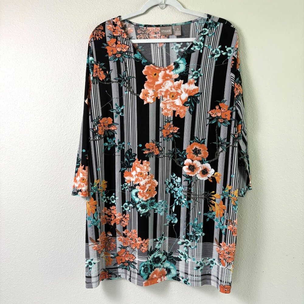 Chicos Top Womens 3 US XL Orange Blue Floral Striped 3/4 Sleeve V Neck Blouse